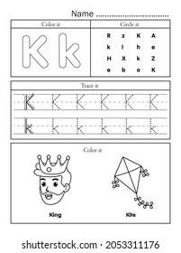 English alphabet letters tracing line printable worksheet with cute picture for coloring. Basic writing practice for preschool and kindergarten kids. Letter K vocabulary for king and kite.