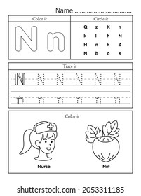 English alphabet letters tracing line printable worksheet with cute picture for coloring. Basic writing practice for preschool and kindergarten kids. Letter N vocabulary for nurse and nut.