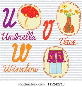 English alphabet letters U,V,W with applique pictures and words on striped blue background