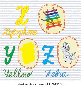 English alphabet letters X,Y,Z with applique pictures and words on striped blue background