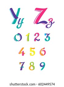 English alphabet letters Y,Z,numbers 1,2,3,5,7,9 image.colorful stylized font and numbers Rainbow colored letters on a white background.ABC Education.Calligraphy turquoise, pink, purple,yellowEPS10
