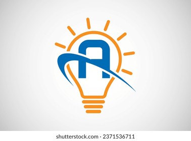 English alphabet A with light bulb and swoosh. Electric bulb logo vector template. Electricity logo