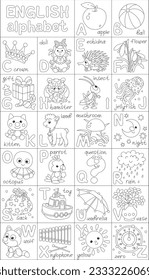 English alphabet for little kids with funny animals, toys, plants and home things, a set of black and white outline vector cartoon illustrations for a coloring book