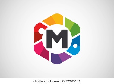 English alphabet M with camera shutter. Photo camera icon. Photography logo design vector template