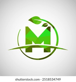 English alphabet M with circle leaf and swoosh. Eco-friendly logo concept. Low poly logo for ecological business and company identity