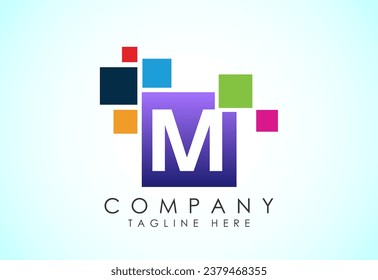 English alphabet M with data pixel. Creative technological modern data pixel logo