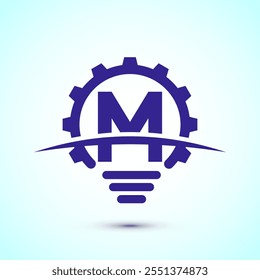 Alfabeto inglés M con bombilla eléctrica y signo de engranaje. Concepto de logotipo de idea creativa