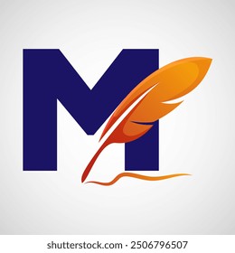 English alphabet M with feather logo design template. Logo for a writer or publishers.