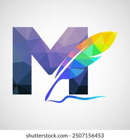 English alphabet M with feather logo design template. Logo for a writer or publishers.