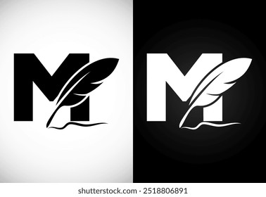 English alphabet M with feather logo design template. Logo for a writer or publishers.