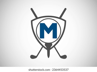 English alphabet M with golf ball, golf stick and shield sign. Modern logo design for golf clubs.