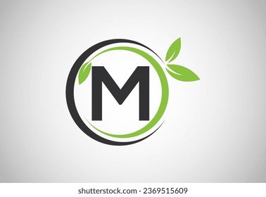 English alphabet M with green leaves. Organic, eco-friendly logo design vector template