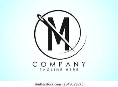 English alphabet M with sewing needle and thread Icon. Tailoring logo design concept.