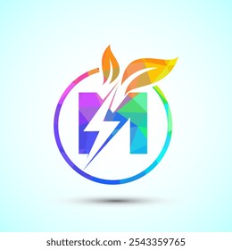 English alphabet M with thunderbolt and leaf. Eco energy saver icon, Nature power electric logo