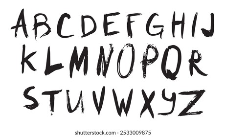 O alfabeto inglês é feito em tinta preta e desenhado com pincel largo seco, letras em estilo grunge no fundo branco, alfabeto angustiado, tinta preta textura suja letras maiúsculas, letras para design de logotipo