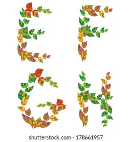 English alphabet made up of branches and leaves.
