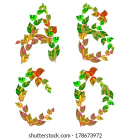 English alphabet made up of branches and leaves.