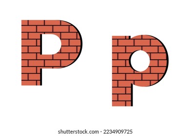 English Alphabet made of bricks. Letter P. Red brick typeface. Industrial design. For construction websites, logos, building materials stores, children's education. Vector illustration