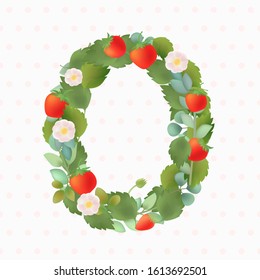 English alphabet made of leaves, flowers, strawberries, spring and summer elements,Painted letters.vector graphics. Illustration.Painted alphabet. Letter O