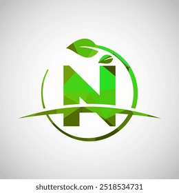 English alphabet N with circle leaf and swoosh. Eco-friendly logo concept. Low poly logo for ecological business and company identity