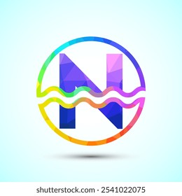 English alphabet N in a circle with water waves. Water wave logo design low poly style