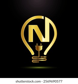 English alphabet N with an electric bulb and plug. Electricity logo design template gold color style