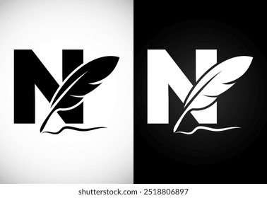 English alphabet N with feather logo design template. Logo for a writer or publishers.