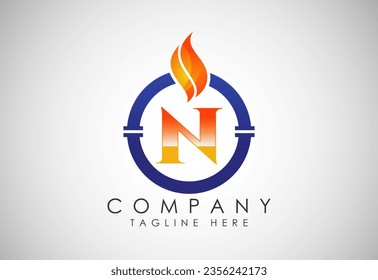English alphabet N with fire flame and pipe. Oil and gas industry logo design concept.