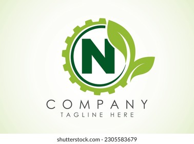 English alphabet N with gear and leaf. Eco technology logo, Green eco tech logo template design vector. Nature Industry