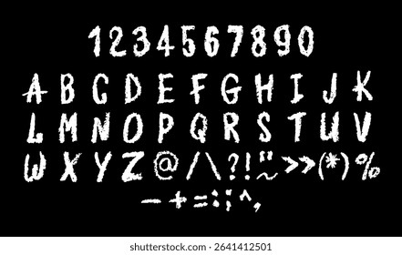 English alphabet and numbers 0-9, hand-drawn in a white wax crayon or chalk style on a board. Highlighter effect, perfect for kindergarten drawing, learning, and creative design. Vector illustration.