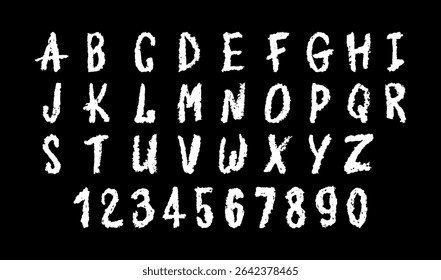 English alphabet and numbers 0-9, hand-drawn in a white wax crayon or chalk style on a board. Highlighter effect, perfect for kindergarten drawing, learning, and creative design. Vector illustration.