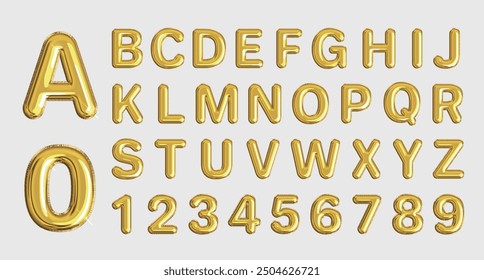 English alphabet and numbers Balloons. Golden balloons for text, letters, festivals. Festive, realistic scene. Vector illustration of letters from A to Z.