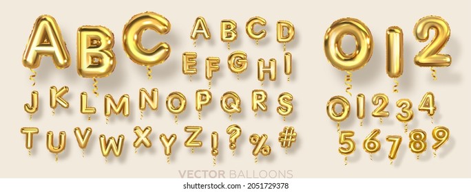 English alphabet and numbers Balloons. Helium balloons. Gold balloons for text, letter, holiday. Festive, realistic set. Letters from A to Z. Vector illustration.