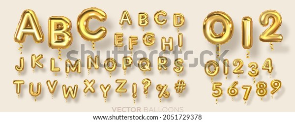 English alphabet and numbers\
Balloons. Helium balloons. Gold balloons for text, letter, holiday.\
Festive, realistic set. Letters from A to Z. Vector\
illustration.