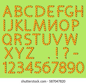 English alphabet and numbers. Capital letters and punctuation marks. Candy cane imitation. Pattern brush is included in vector file.