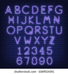 English alphabet and numbers. Neon sign with violet letters. Vector illustration in neon style for night bright advertisement.
