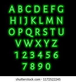 English Alphabet And Numbers. Neon Style. Green Letters. 