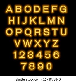 English alphabet and numbers. Neon style. Orange letters. 