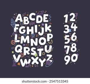 English alphabet and numbers set with playful designs with celestial objects and doodles on dark background