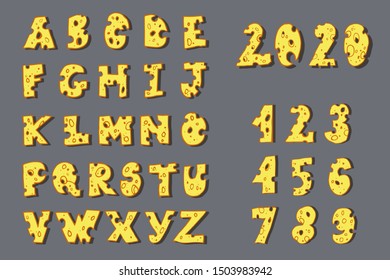 English alphabet  and numbers in the shape of cheese. drawn by hand. a few zeros for ease of writing the year 2020. letters and numbers are made in two colors.  food in the form of letters and numbers