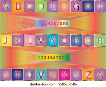 The English alphabet and numerals in colorful artwork against stunning backdrops.