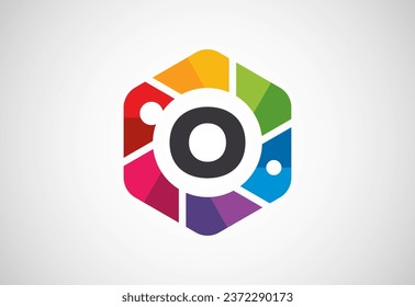 English alphabet O with camera shutter. Photo camera icon. Photography logo design vector template