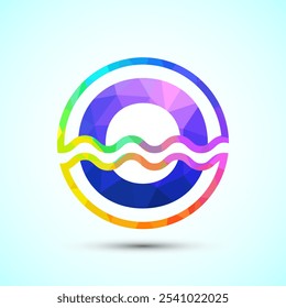 English alphabet O in a circle with water waves. Water wave logo design low poly style