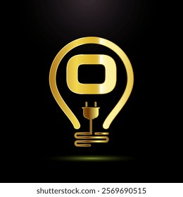 English alphabet O with an electric bulb and plug. Electricity logo design template gold color style