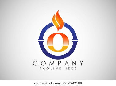 English alphabet O with fire flame and pipe. Oil and gas industry logo design concept.