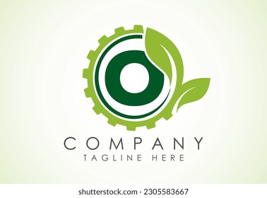 English alphabet O with gear and leaf. Eco technology logo, Green eco tech logo template design vector. Nature Industry
