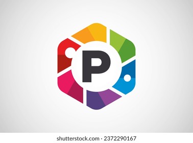 English alphabet P with camera shutter. Photo camera icon. Photography logo design vector template