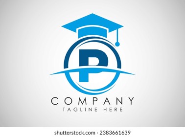 English alphabet P in a circle with education hat. Education and graduation logo vector