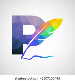 English alphabet P with feather logo design template. Logo for a writer or publishers.