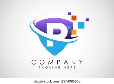 English alphabet P with shield, swoosh and data pixel. Creative technological modern logo design